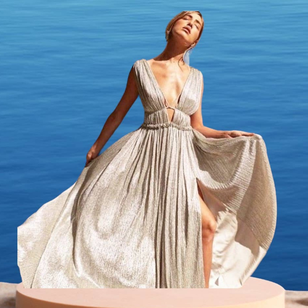 Jonathan Simkhai Plissé Lame Goddess Gown Maxi Dress Champagne Size L NWT